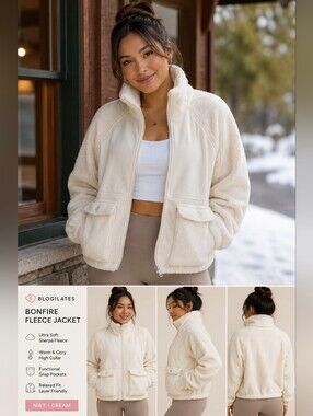 NWT Blogilates Women’s Bonfire Fleece Jacket Cream Sherpa Full Zip Athleisure